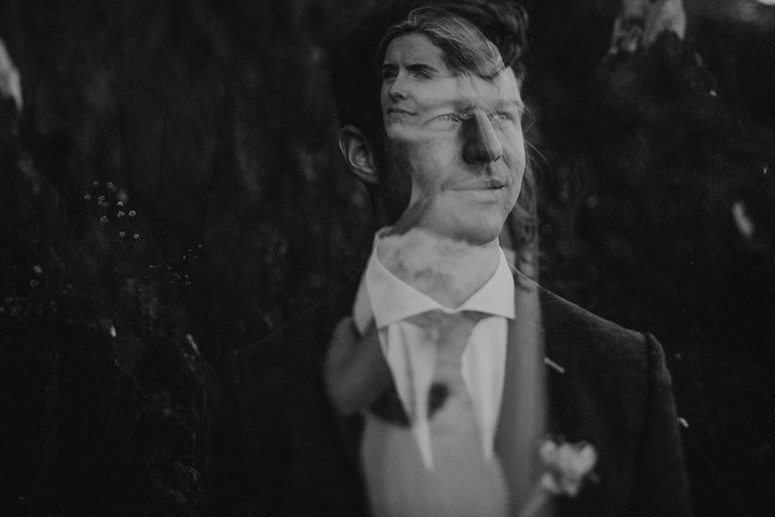 artistic picture in double exposure technic bride is thinking about the groom 