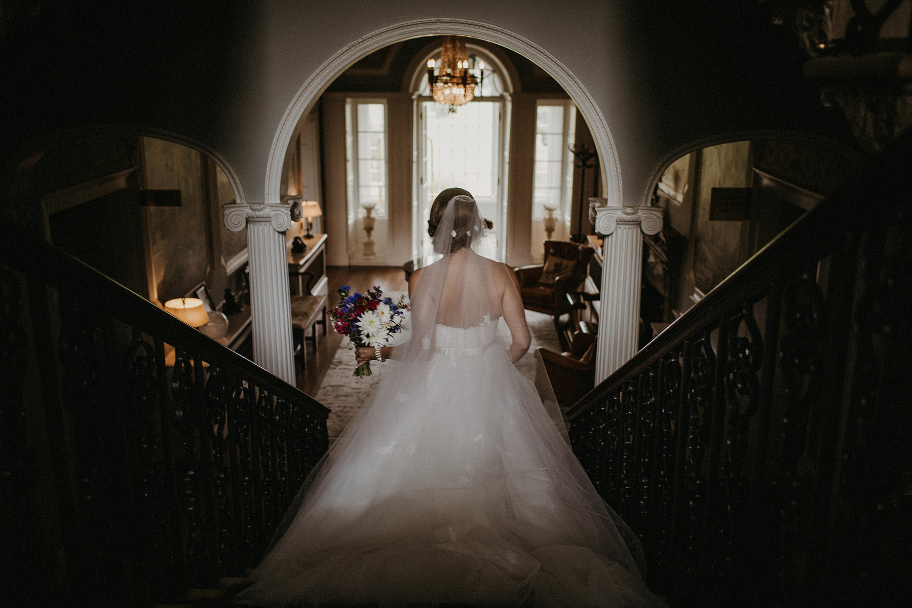 bride is walking down the stairs artistic ans documentary photo mount juliet estate kilkenny